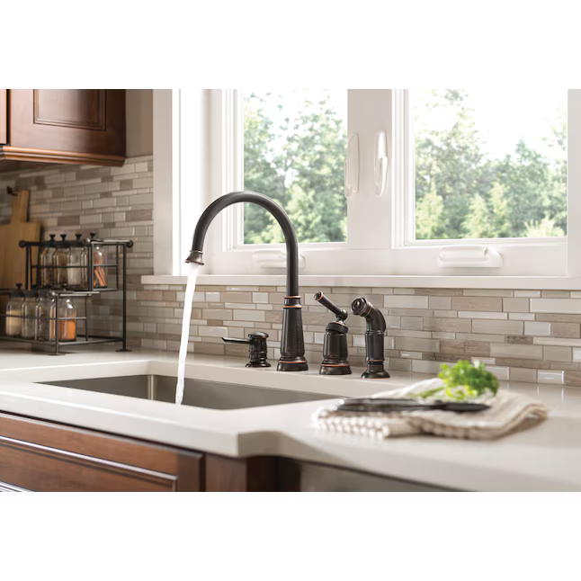 Moen Edison Mediterranean Bronze Single Handle Deck-Mount Handle Commercial/Residential High-Arc Kitchen Faucet, (Soap Dispenser Included) ( Side Sprayer Included ), 87042BRB, 672126 *JR2503