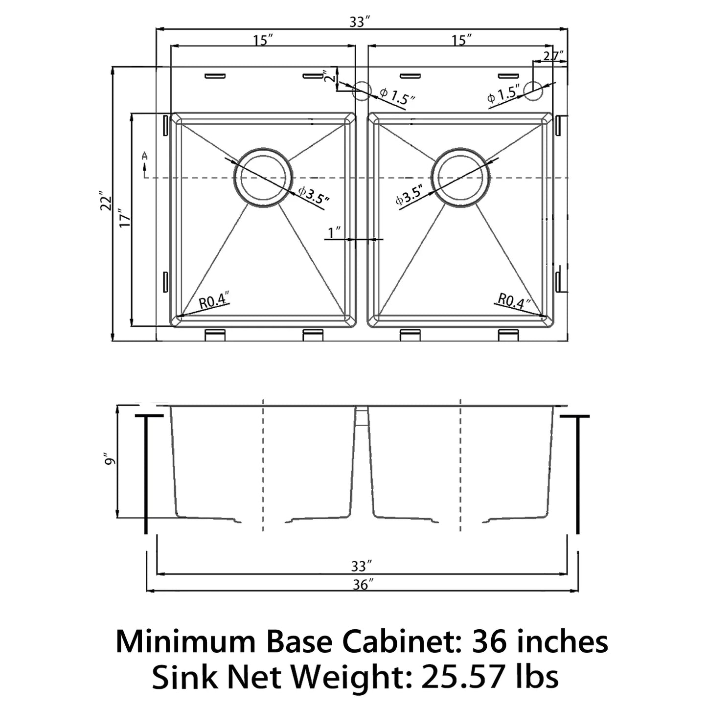 Duko Sink 33-IN Drop-In Double Bowl (Sink Only), HT3322D-S-9