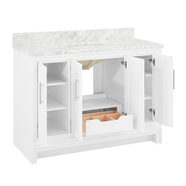 Ellen DeGeneres Anaheim 48-in White Undermount Single Sink Bathroom Vanity with Engineered Carrara Marble Top, 1580VA-48-201-925-UM, FINAL PRICE: $749.99 + Tax