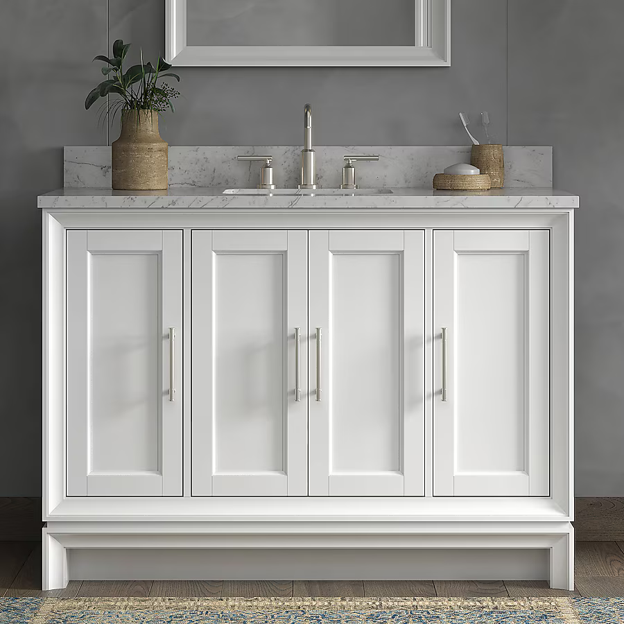 Ellen DeGeneres Anaheim 48-in White Undermount Single Sink Bathroom Vanity with Engineered Carrara Marble Top, 1580VA-48-201-925-UM, FINAL PRICE: $749.99 + Tax