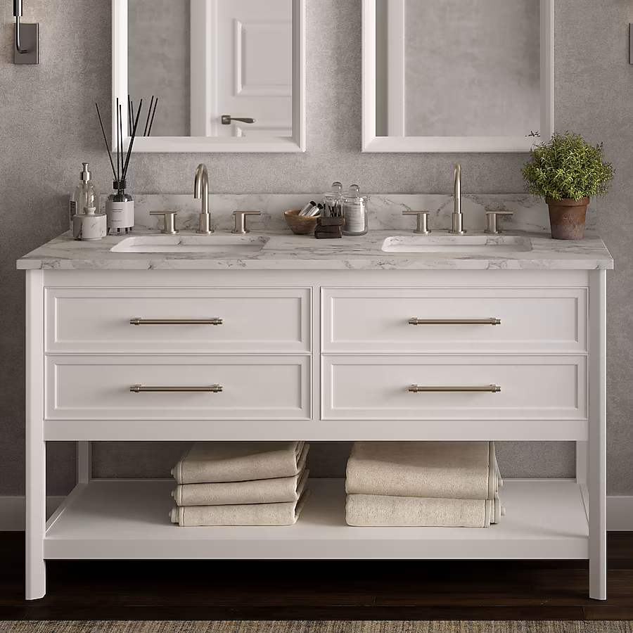 Ellen DeGeneres Riven 60-in White Undermount Double Sink Bathroom Vanity with Carrara Natural Marble Top, 1480VA-60-201-925-UM, FINAL PRICE: $899.99 + Tax