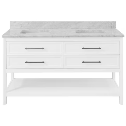 Ellen DeGeneres Riven 60-in White Undermount Double Sink Bathroom Vanity with Carrara Natural Marble Top, 1480VA-60-201-925-UM, FINAL PRICE: $899.99 + Tax