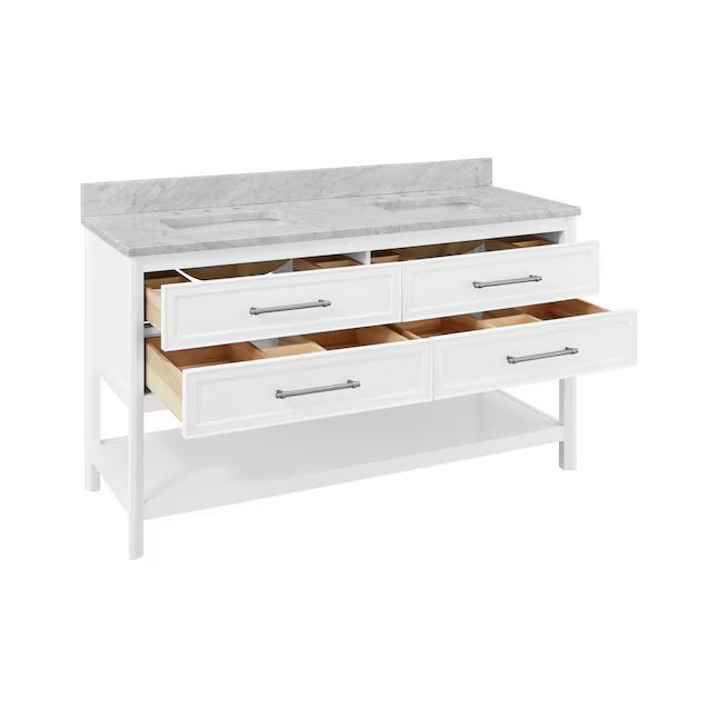 Ellen DeGeneres Riven 60-in White Undermount Double Sink Bathroom Vanity with Carrara Natural Marble Top, 1480VA-60-201-925-UM, FINAL PRICE: $899.99 + Tax