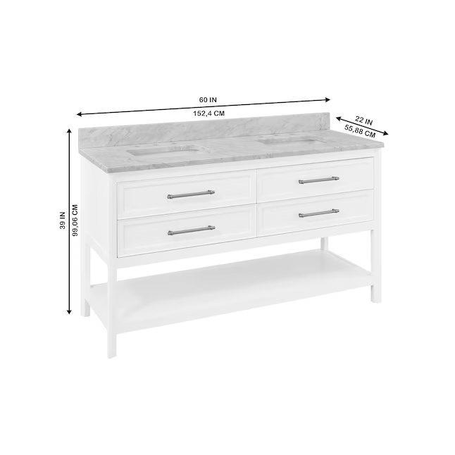 Ellen DeGeneres Riven 60-in White Undermount Double Sink Bathroom Vanity with Carrara Natural Marble Top, 1480VA-60-201-925-UM, FINAL PRICE: $899.99 + Tax