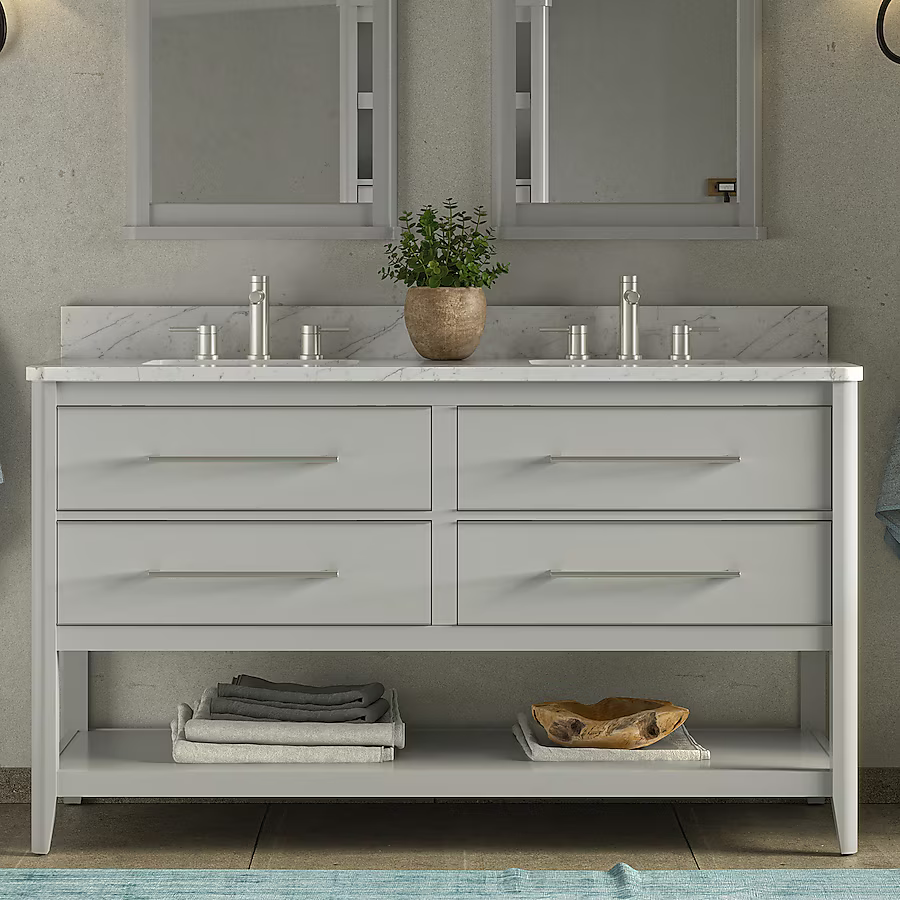 Ellen DeGeneres Lynnmere 60-in Light Gray Undermount Double Sink Bathroom Vanity with Carrara Natural Marble Top, 1549VA-60-242-900-UM, FINAL PRICE: $929.99 + Tax