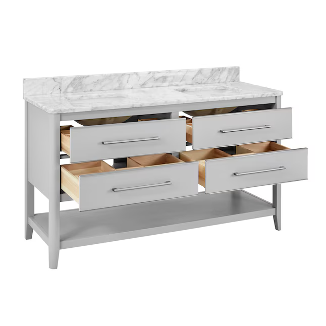 Ellen DeGeneres Lynnmere 60-in Light Gray Undermount Double Sink Bathroom Vanity with Carrara Natural Marble Top, 1549VA-60-242-900-UM, FINAL PRICE: $929.99 + Tax