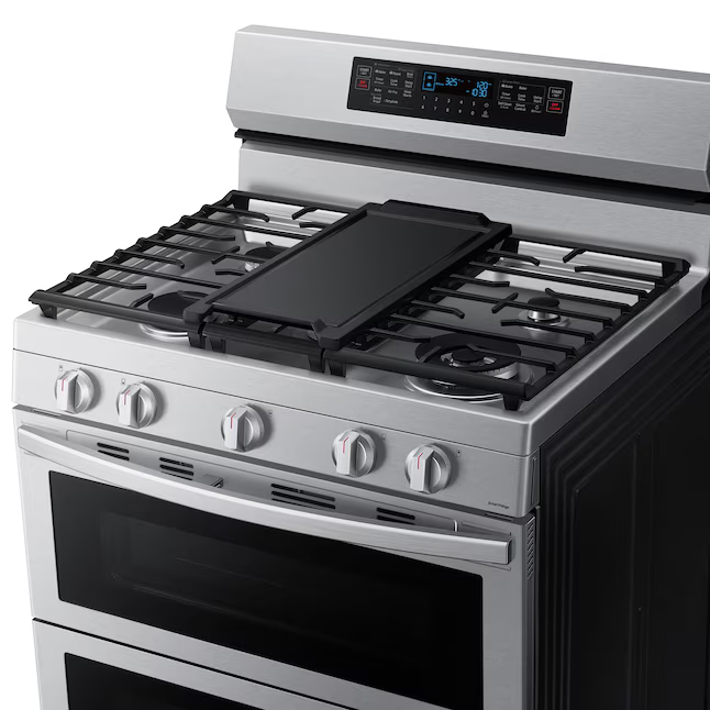 Samsung 30-in 5 burners 3.4-cu. ft / 2.5-cu. ft Self-cleaning Air Fry Convection Freestanding Natural Gas Double Oven Range (Stainless Steel), NX60A6751SS/AA *BD