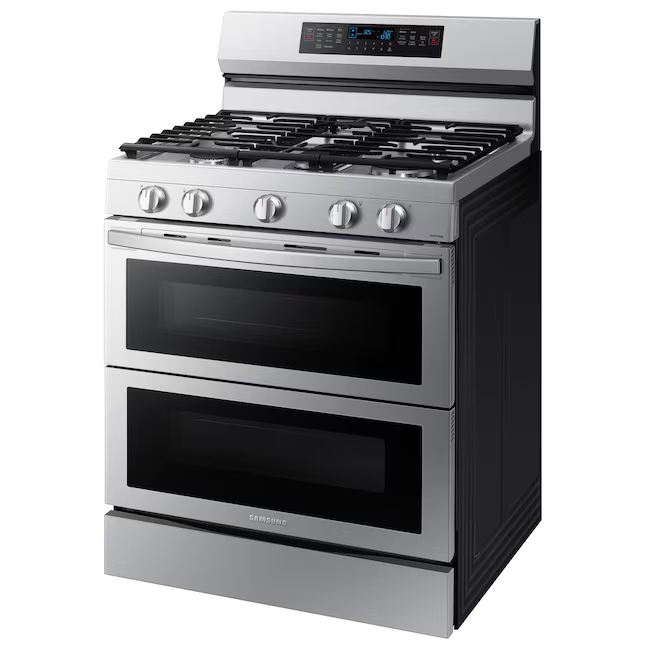 Samsung 30-in 5 burners 3.4-cu. ft / 2.5-cu. ft Self-cleaning Air Fry Convection Freestanding Natural Gas Double Oven Range (Stainless Steel), NX60A6751SS/AA *BD