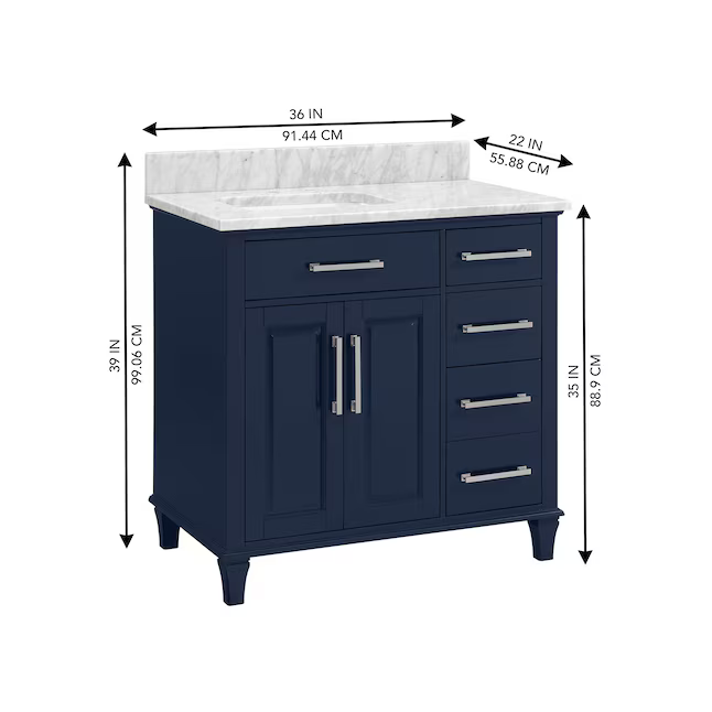 Alpine Reserve Brookview 36-in Royal Navy Undermount Single Sink Bathroom Vanity with Natural Carrara Marble Top, 1789VA-36-323-900-UM, FINAL PRICE: $599.99 + Tax
