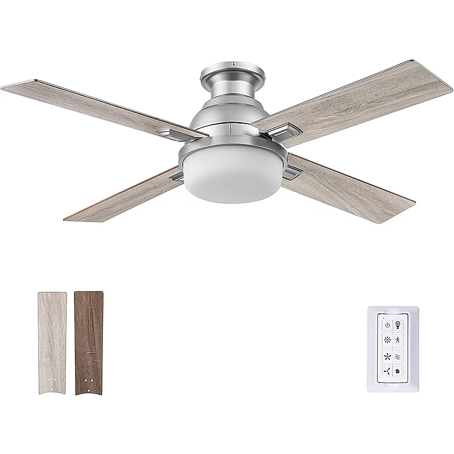 Prominence Home Kyrra 52-in Pewter with Gray Oak/Burnt Coffee Blades LED Indoor Flush Mount Ceiling Fan with Light and Remote (4-Blade)