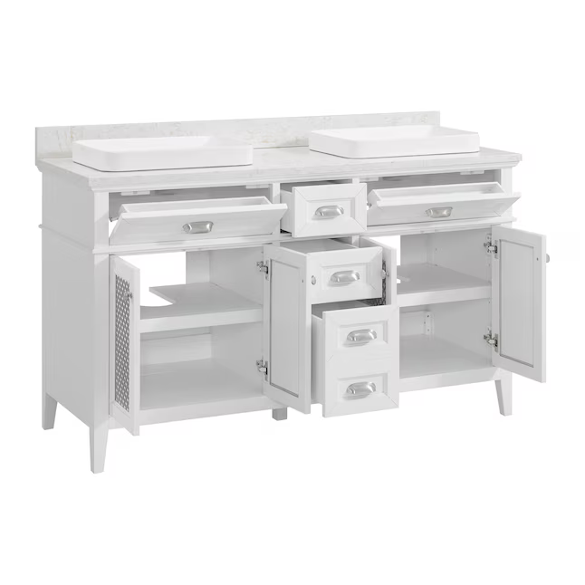 Nicole Curtis Northville 60-in Matte White Oak Vanity with Semi-Recessed Engineered Carrara Marble Top, 1922VA-60-341-925-SR, FINAL PRICE: $799.99 + Tax