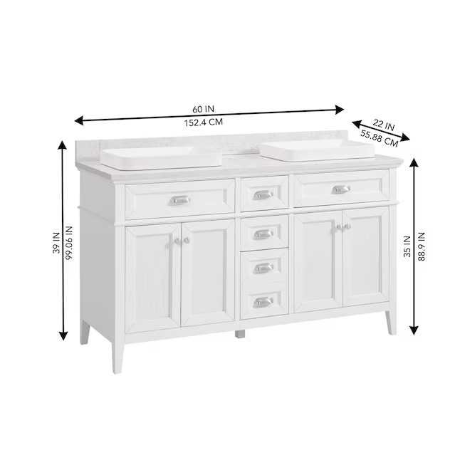 Nicole Curtis Northville 60-in Matte White Oak Vanity with Semi-Recessed Engineered Carrara Marble Top, 1922VA-60-341-925-SR, FINAL PRICE: $799.99 + Tax