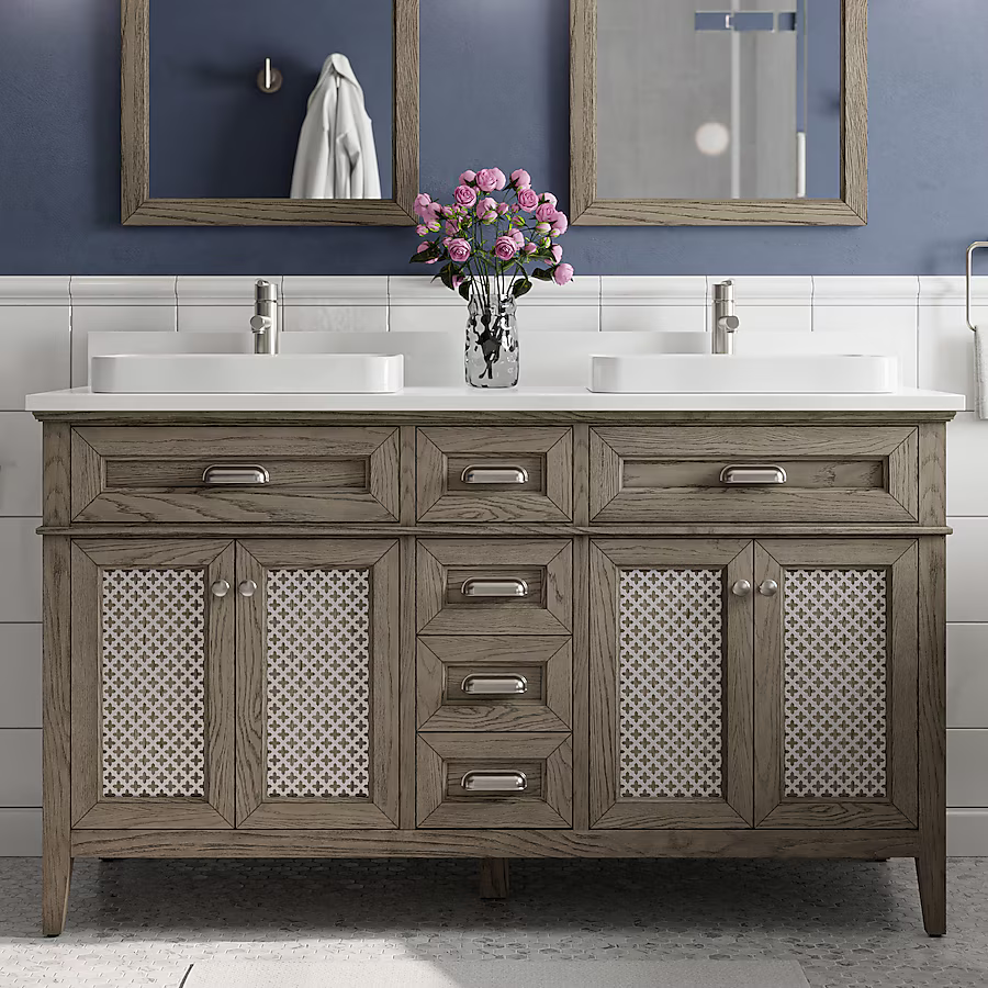 Nicole Curtis Northville 60-in Rustic Taupe Oak Semi-Recessed Double Sink Bathroom Vanity with White Engineered Stone, 1922VA-60-267-901-SR, FINAL PRICE: $1299.99 + Tax