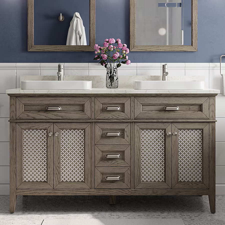 Nicole Curtis Northville 60-in Rustic Taupe Oak Semi-Recessed Double Sink Bathroom Vanity with Calacatta Engineered Marble Top, 1922VA-60-267-926-SR, FINAL PRICE: $799.99 + Tax