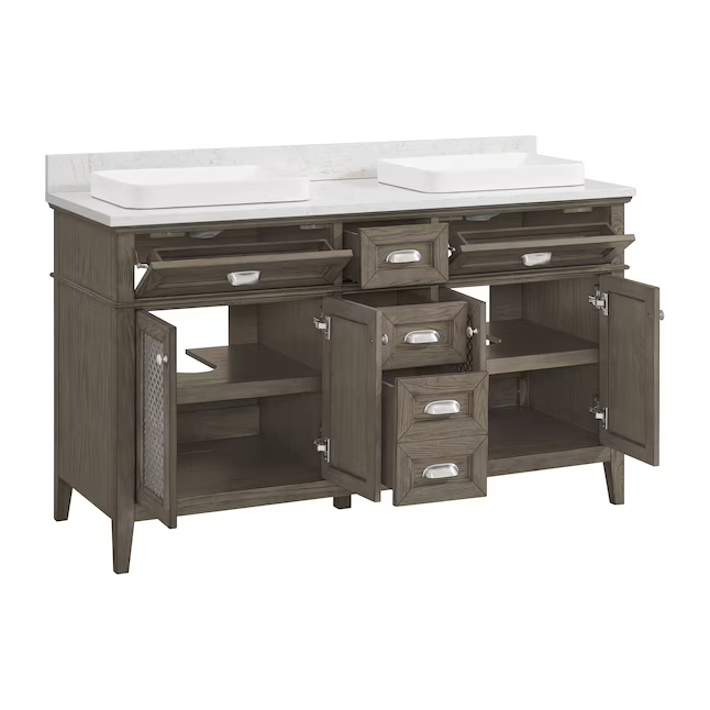Nicole Curtis Northville 60-in Rustic Taupe Oak Semi-Recessed Double Sink Bathroom Vanity with Calacatta Engineered Marble Top, 1922VA-60-267-926-SR, FINAL PRICE: $799.99 + Tax