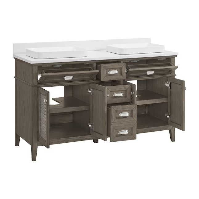 Nicole Curtis Northville 60-in Rustic Taupe Oak Semi-Recessed Double Sink Bathroom Vanity with White Engineered Stone, 1922VA-60-267-901-SR, FINAL PRICE: $1299.99 + Tax