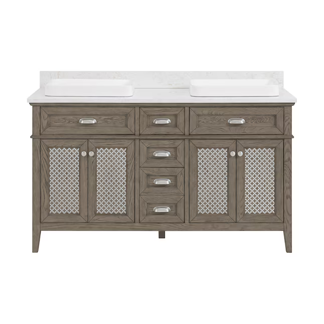 Nicole Curtis Northville 60-in Rustic Taupe Oak Semi-Recessed Double Sink Bathroom Vanity with Calacatta Engineered Marble Top, 1922VA-60-267-926-SR, FINAL PRICE: $799.99 + Tax