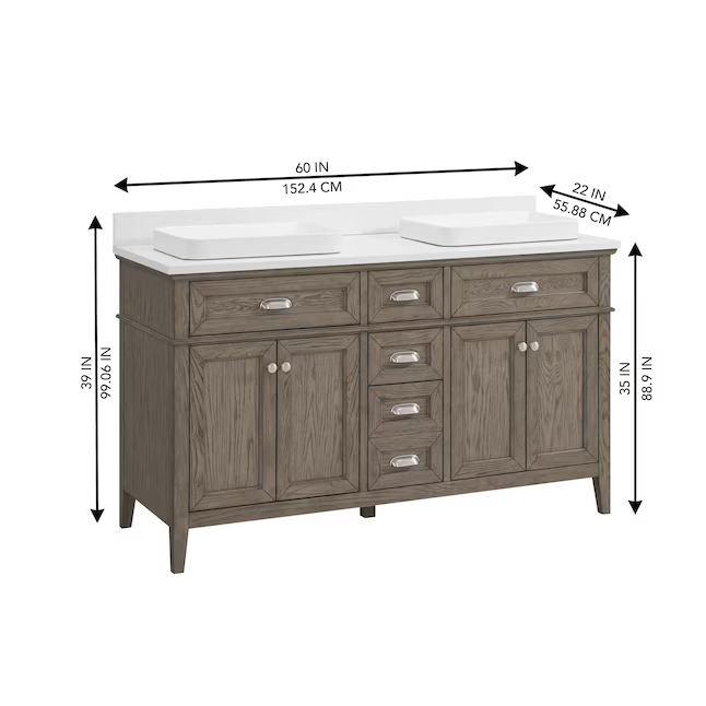 Nicole Curtis Northville 60-in Rustic Taupe Oak Semi-Recessed Double Sink Bathroom Vanity with White Engineered Stone, 1922VA-60-267-901-SR, FINAL PRICE: $1299.99 + Tax