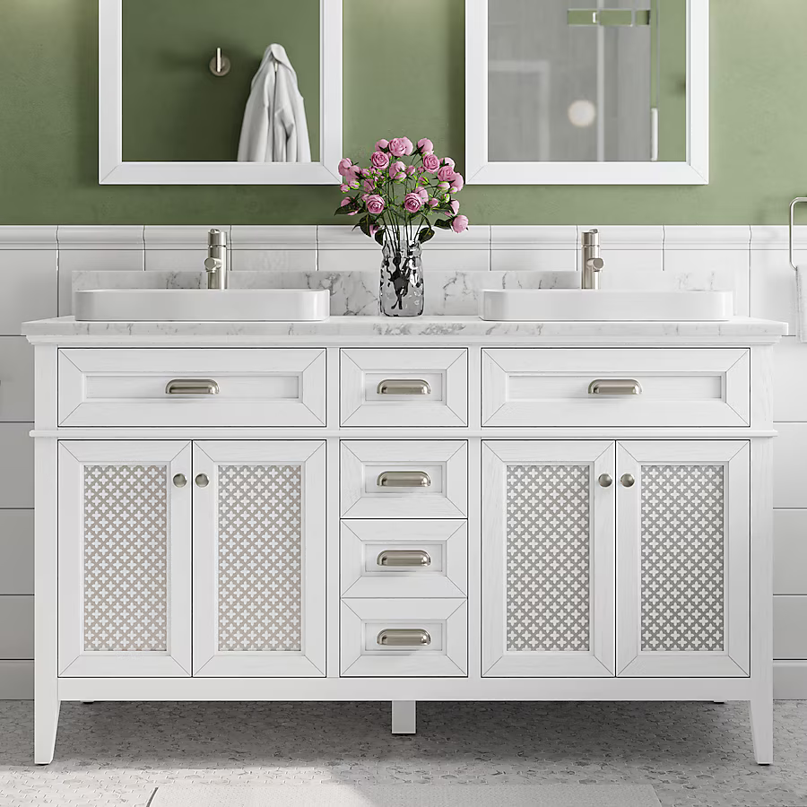 Nicole Curtis Northville 60-in Matte White Oak Semi-Recessed Double Sink Bathroom Vanity with Carrara Natural Marble Top, 1922VA-60-341-900-SR, FINAL PRICE: $1299.99 + Tax