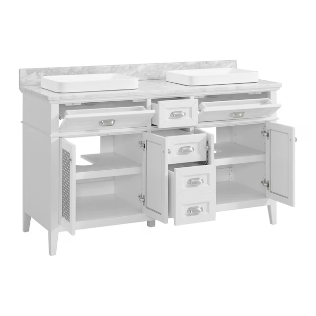 Nicole Curtis Northville 60-in Matte White Oak Semi-Recessed Double Sink Bathroom Vanity with Carrara Natural Marble Top, 1922VA-60-341-900-SR, FINAL PRICE: $1299.99 + Tax