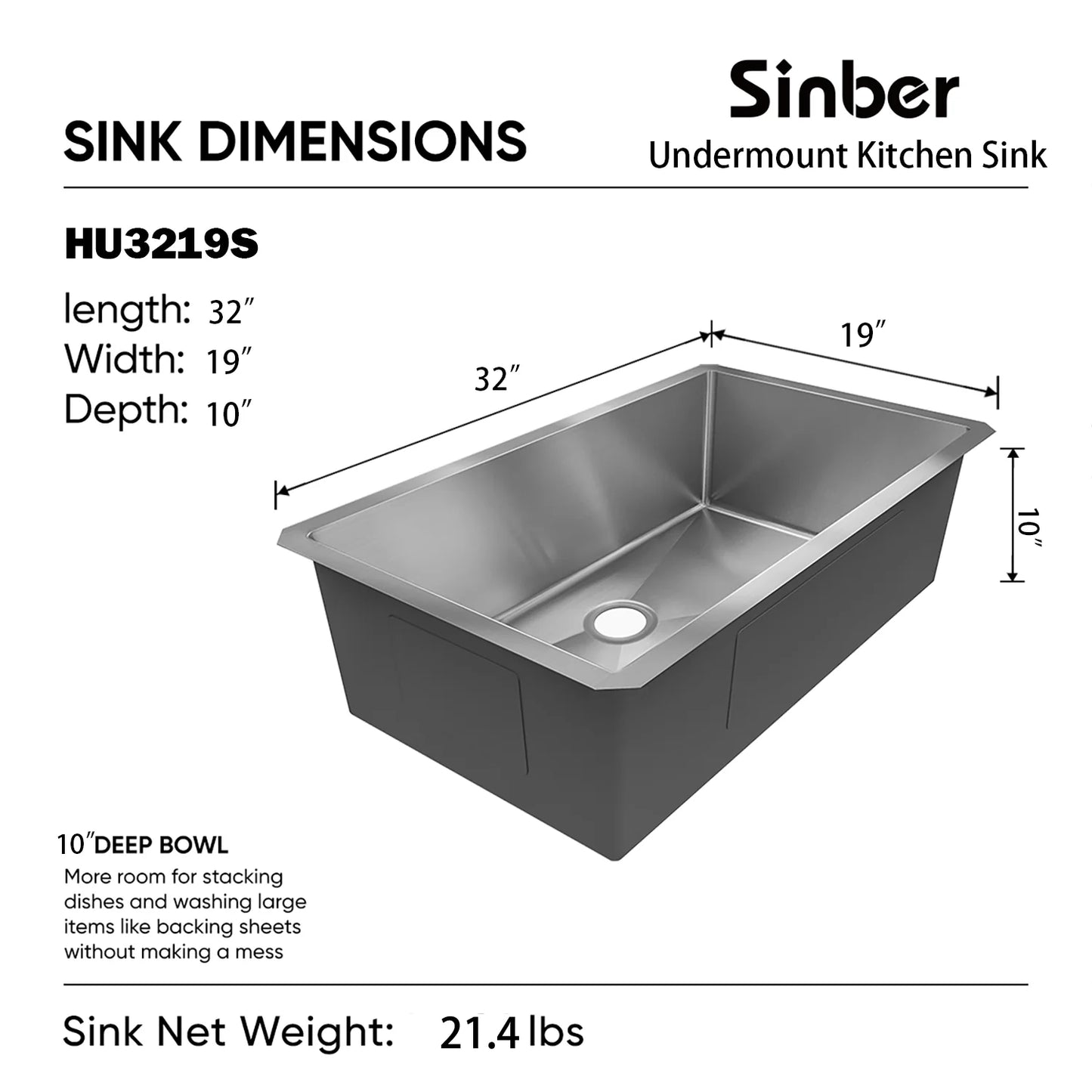 Duko Sink 32-IN Undermount Single Bowl (Sink Only) 16 Gauge, HU3219S-S-16