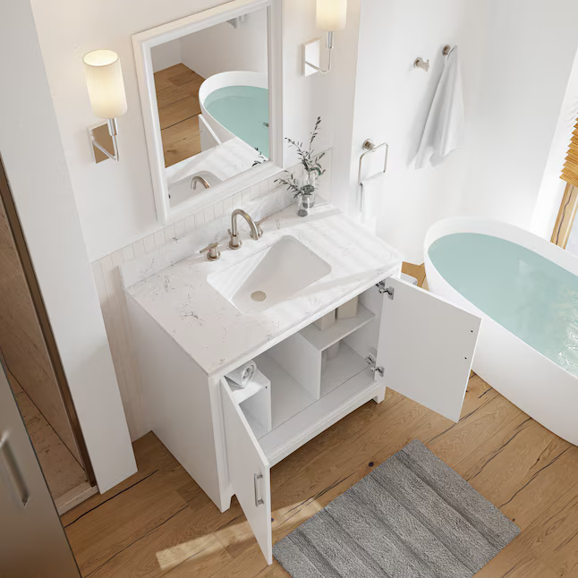 **ASSEMBLY REQUIRED** Ellen DeGeneres Norbeck 37-in White Undermount Single Sink Bathroom Vanity with Carrara Engineered Marble Top, 2342VA-37-201-925-UM, FINAL PRICE: $529.99 + Tax