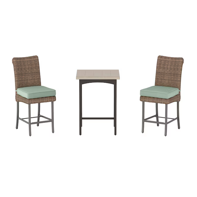 allen + roth Isla Park 3-Piece Brown Wicker Balcony Height Patio Dining Set Steel Square Table with 2 Green Cushions Stationary Chairs, FTS81390DH 5106764 *HD2409, Retail: $199.20, FINAL PRICE: $119.99 + TAX