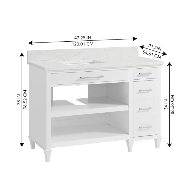 Alpine Reserve Brookview ADA 48-in White Undermount Single sink Bathroom Vanity with Carrara Engineered Marble Top, 1789VADA-48-201-925-UM, FINAL PRICE: $599.99 + Tax