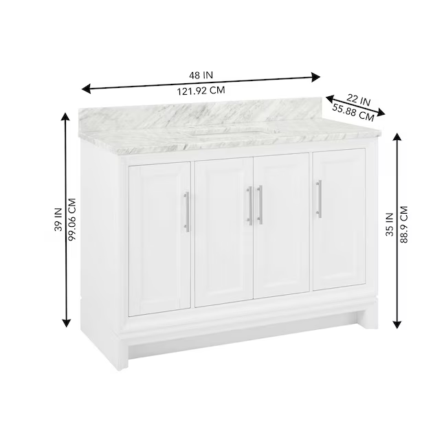 Ellen DeGeneres Anaheim 48-in White Undermount Single Sink Bathroom Vanity with Engineered Carrara Marble Top, 1580VA-48-201-925-UM, FINAL PRICE: $749.99 + Tax