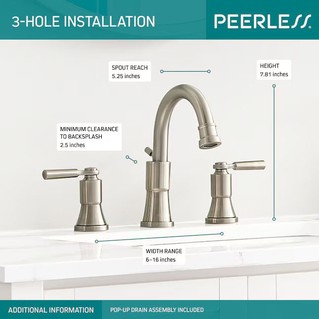 Peerless Westchester Brushed Nickel Widespread 2-handle WaterSense Mid-arc Residential Handle Bathroom Sink Faucet with Drain, P3523LF-BN, 2738742 *JR2503