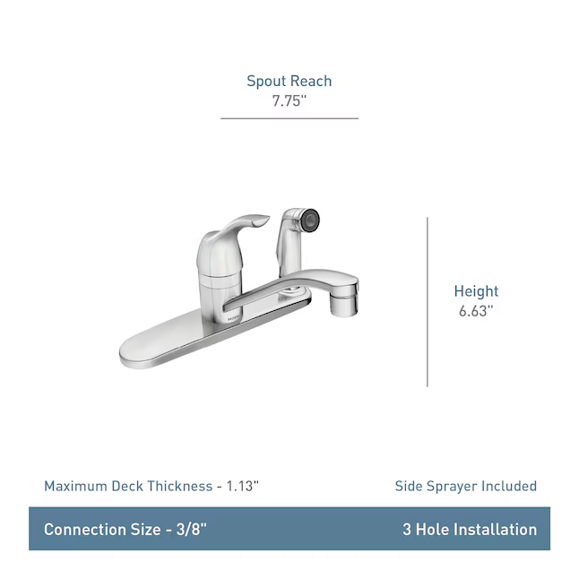 Moen Adler Chrome Single Handle Deck-Mount Handle Commercial/Residential Low-Arc Kitchen Faucet, ( Deck Plate Included ) ( Side Sprayer Included ), CA87554C, 297429 *JR2503