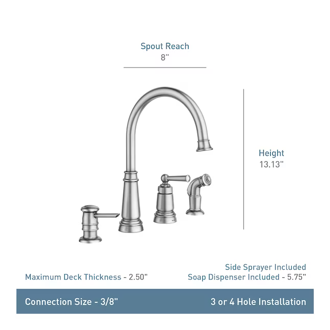 Moen Edison Mediterranean Bronze Single Handle Deck-Mount Handle Commercial/Residential High-Arc Kitchen Faucet, (Soap Dispenser Included) ( Side Sprayer Included ), 87042BRB, 672126 *JR2503