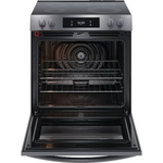Frigidaire Gallery 30-in Glass Top 5 burners 6.2-cu ft Air Fry Convection Oven Slide-In Electric Range (Smudge-Proof Black Stainless Steel), GCFE3060BD *HD2505, Retail: $2,099.00, FINAL PRICE: $999.99 + TAX