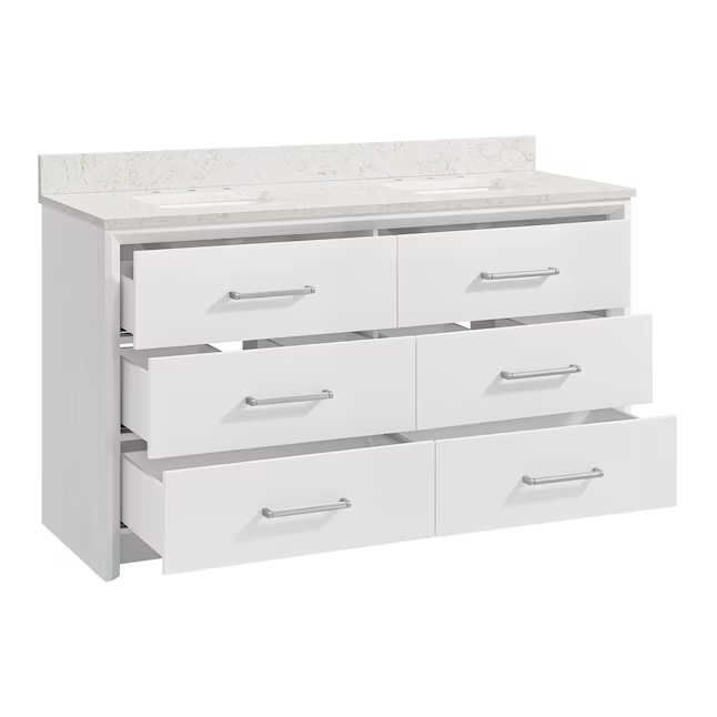 Greentouch Home Knowell 60-in White Oak Semi-Recessed Double Sink Bathroom Vanity with Engineered Carrara Marble Top, 1883VA-60-241-925-SR, FINAL PRICE: $1299.99 + Tax