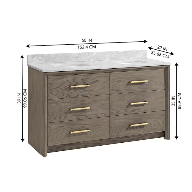 Greentouch Home Knowell 60-in Rustic Taupe Oak Vanity with Engineered Carrara Marble Top, 1883VA-60-267-925-UM, FINAL PRICE: $899.99 + Tax