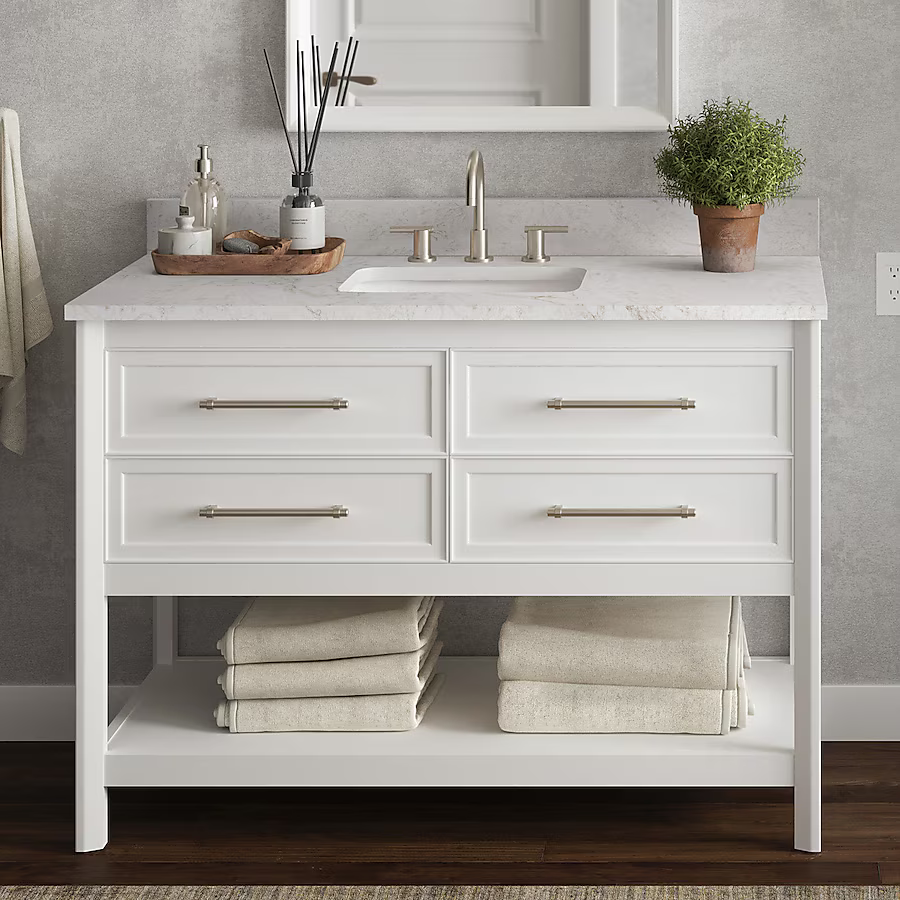 Ellen DeGeneres Riven 48-in White Undermount Single Sink Bathroom Vanity with Calacatta Engineered Stone Top, 1480VA-48-201-925-UM, FINAL PRICE: $749.99 + Tax