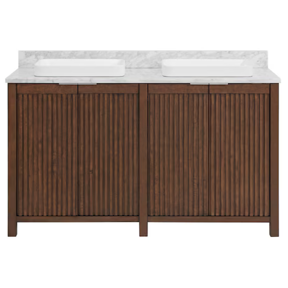 Frank Lloyd Wright USONIA 60-in Cherry Semi-recessed Double Sink Bathroom Vanity with Carrara Natural Marble Top, 1601VA-60-295-900-SR, FINAL PRICE: $1299.99 + Tax