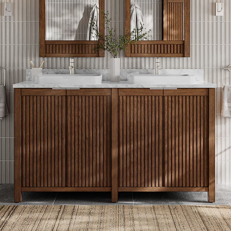 Frank Lloyd Wright USONIA 60-in Cherry Semi-recessed Double Sink Bathroom Vanity with Carrara Natural Marble Top, 1601VA-60-295-900-SR, FINAL PRICE: $1299.99 + Tax