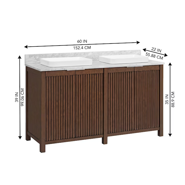 Frank Lloyd Wright USONIA 60-in Cherry Semi-recessed Double Sink Bathroom Vanity with Carrara Natural Marble Top, 1601VA-60-295-900-SR, FINAL PRICE: $1299.99 + Tax