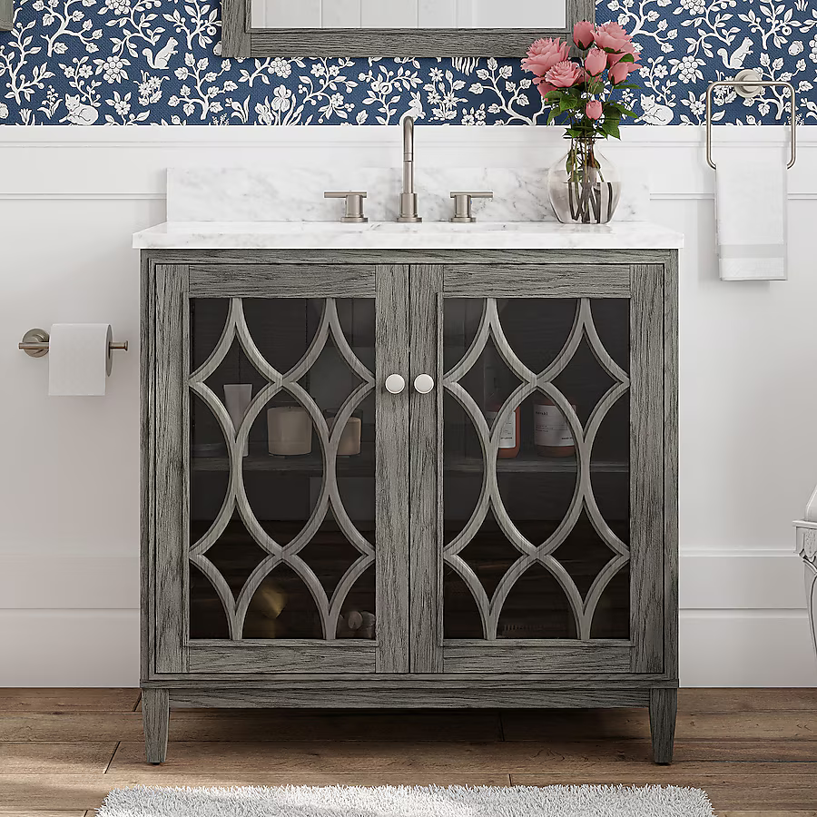 Kathy Ireland Home Southport 36-in Cashmere Oak Undermount Single Sink Bathroom Vanity with Natural Carrara Marble Top, 1591VA-36-247-900-UM, FINAL PRICE: $569.99 + Tax