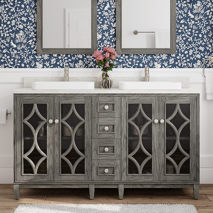 Kathy Ireland Home Southport 60-in Cashmere Oak Vanity with Semi- Recessed Engineered Calacatta Marble Top, 1591VA-60-247-926-SR, FINAL PRICE: $1099.99 + Tax