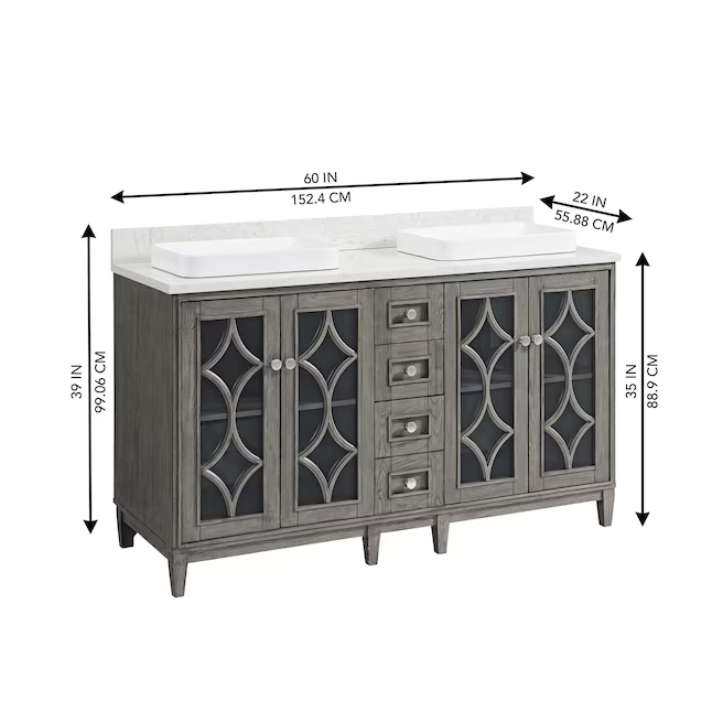 Kathy Ireland Home Southport 60-in Cashmere Oak Vanity with Semi- Recessed Engineered Calacatta Marble Top, 1591VA-60-247-926-SR, FINAL PRICE: $1099.99 + Tax