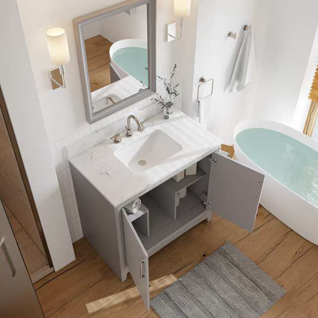 **ASSEMBLY REQUIRED** Ellen DeGeneres Norbeck 37-in Light Gray Undermount Single Sink Bathroom Vanity with Carrara Engineered Marble Top, 2342VA-37-242-925-UM, FINAL PRICE: $529.99 + Tax