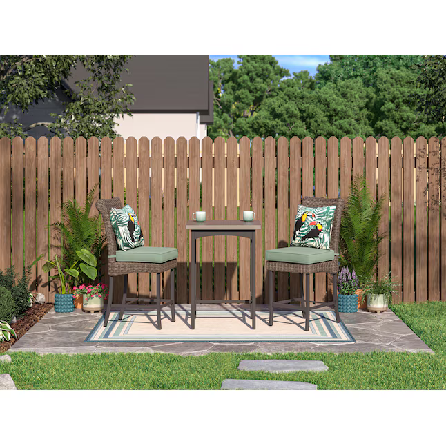 allen + roth Isla Park 3-Piece Brown Wicker Balcony Height Patio Dining Set Steel Square Table with 2 Green Cushions Stationary Chairs, FTS81390DH 5106764 *HD2409, Retail: $199.20, FINAL PRICE: $119.99 + TAX
