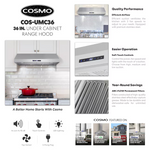 Cosmo 36-in Ducted 380-CFM Stainless Steel Under Cabinet Range Hood, UMC36 *JR2509, Retail: $377.00, FINAL PRICE: $179.99 + TAX