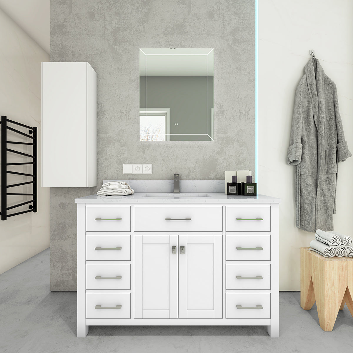 Roma 48-inch Vanity in White with Custom Quartz Top, VV148W-CQTSQ, Retail: $1,399.95, CLEARANCE PRICE: $799.99 + TAX