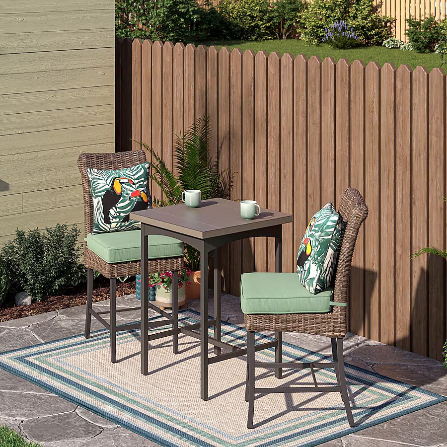 allen + roth Isla Park 3-Piece Brown Wicker Balcony Height Patio Dining Set Steel Square Table with 2 Green Cushions Stationary Chairs, FTS81390DH 5106764 *HD2409, Retail: $199.20, FINAL PRICE: $119.99 + TAX