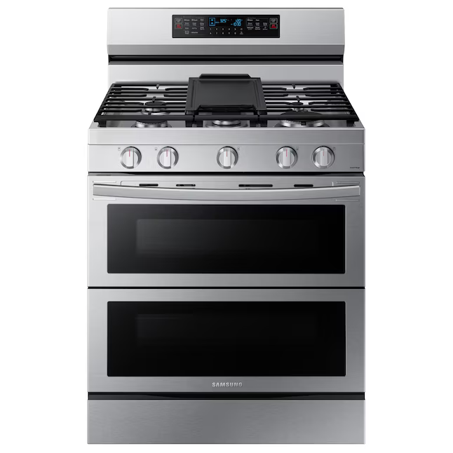 Samsung 30-in 5 burners 3.4-cu. ft / 2.5-cu. ft Self-cleaning Air Fry Convection Freestanding Natural Gas Double Oven Range (Stainless Steel), NX60A6751SS/AA *BD