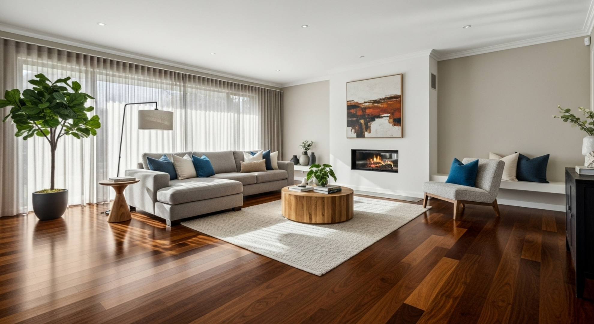 Modern living room with a fireplace, sofa, and decorative elements.