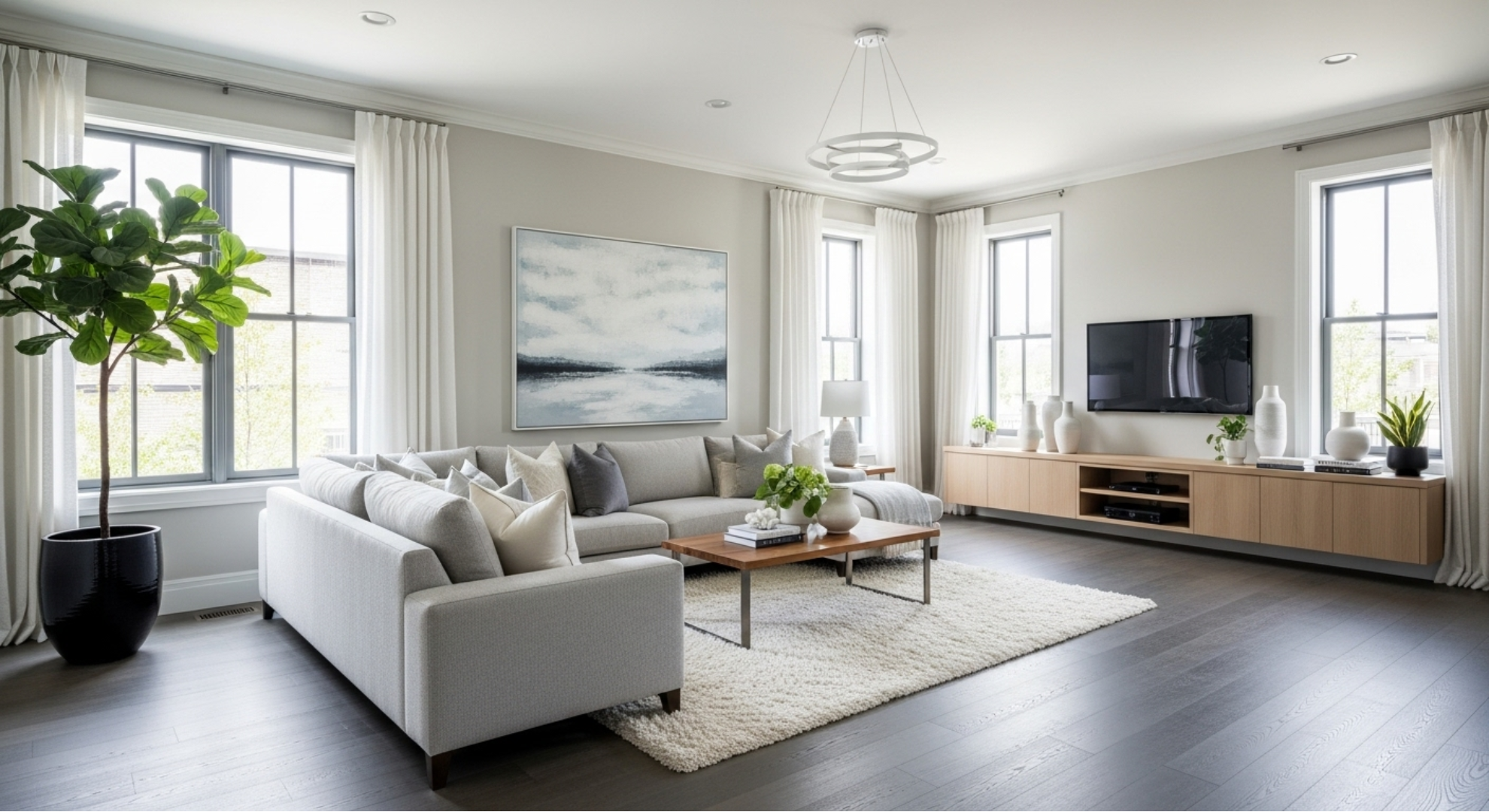 Modern living room with white sofa, coffee table, and TV stand.